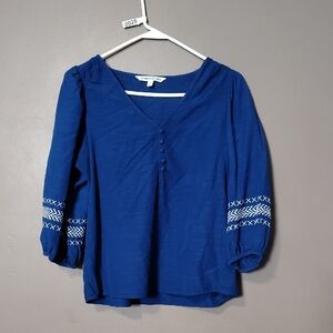 Elizabeth And James Blue Crop Top W White Embroidered Elastic Sleeves XS